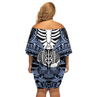 Personalised Polynesia Skull Family Matching Off Shoulder Short Dress and Hawaiian Shirt With Boars Tusk Blue Arty Vibe LT9 - Polynesian Pride