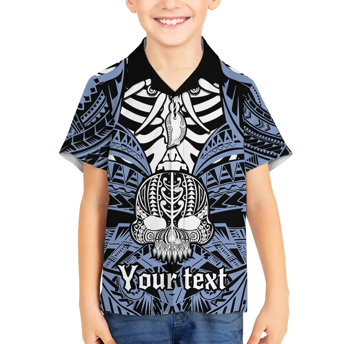 Personalised Polynesia Skull Family Matching Off Shoulder Short Dress and Hawaiian Shirt With Boars Tusk Blue Arty Vibe LT9 Son's Shirt Blue - Polynesian Pride