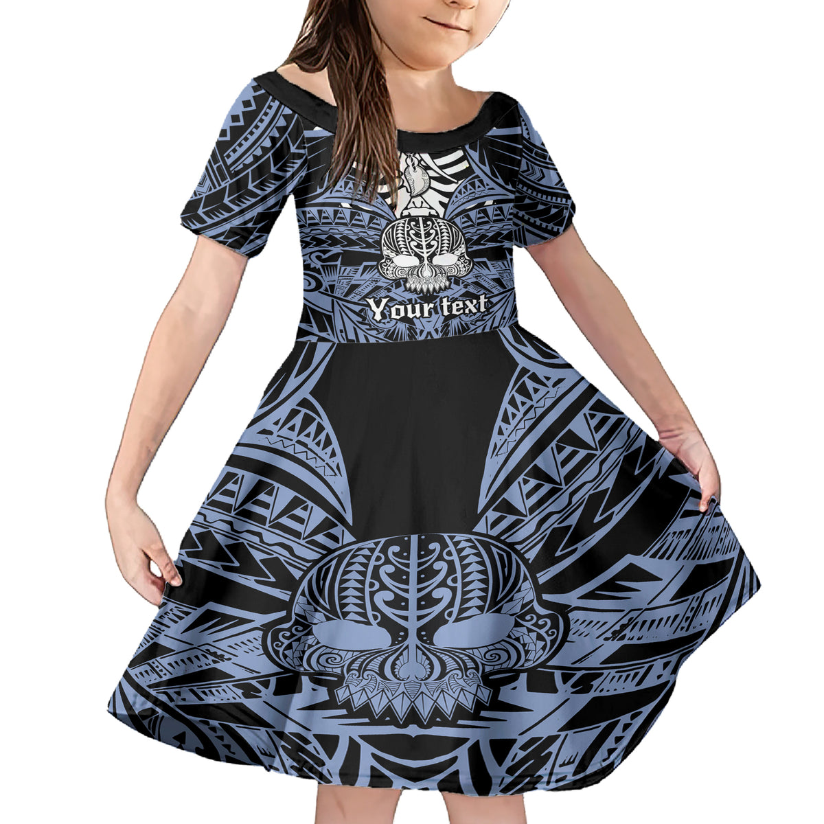 Personalised Polynesia Skull Family Matching Short Sleeve Bodycon Dress and Hawaiian Shirt With Boars Tusk Blue Arty Vibe LT9 Daughter's Dress Blue - Polynesian Pride