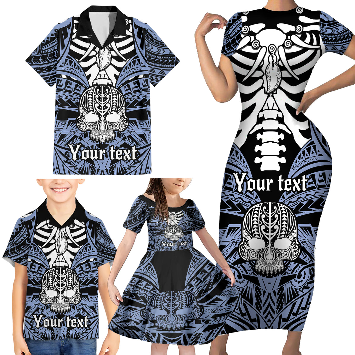 Personalised Polynesia Skull Family Matching Short Sleeve Bodycon Dress and Hawaiian Shirt With Boars Tusk Blue Arty Vibe LT9 - Polynesian Pride