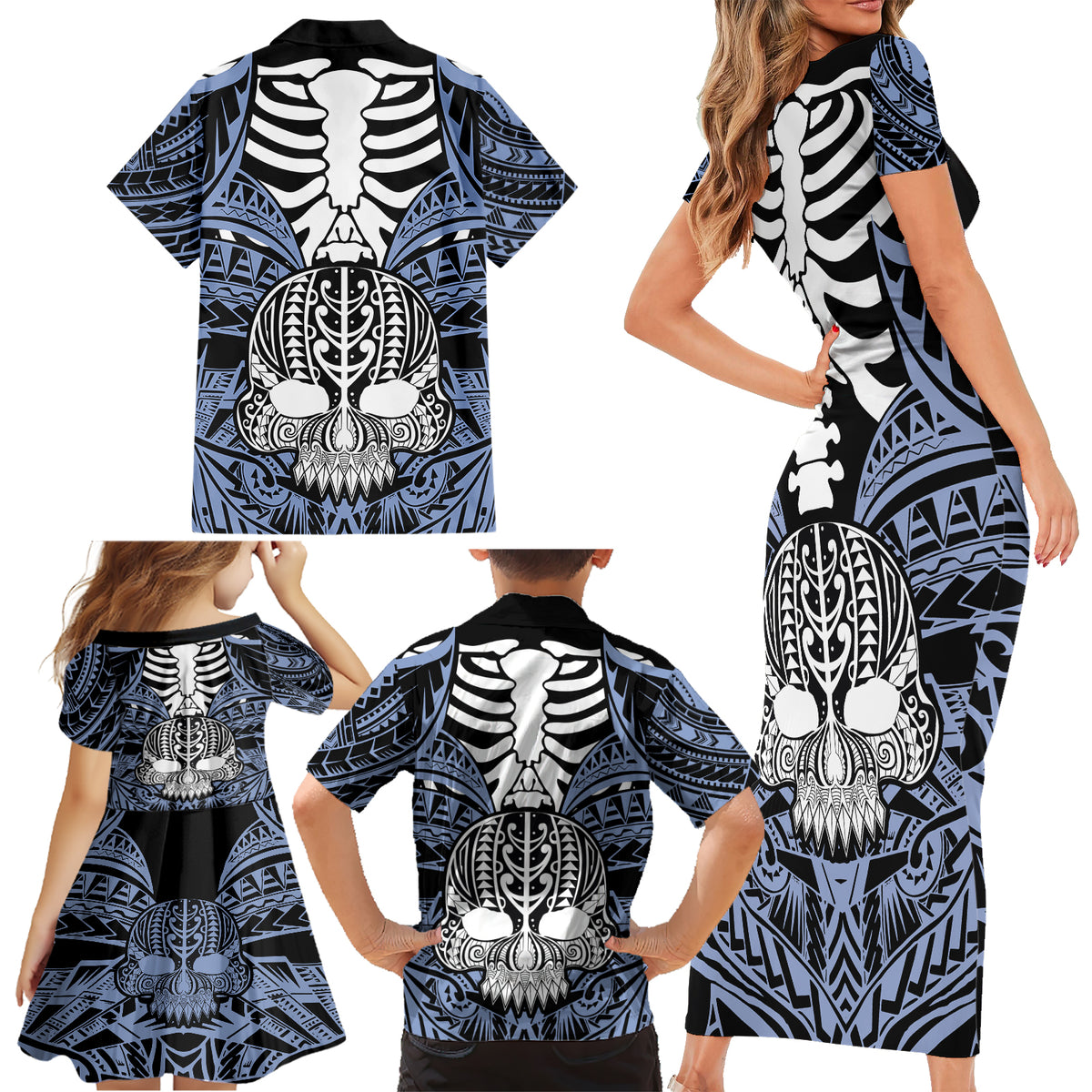 Personalised Polynesia Skull Family Matching Short Sleeve Bodycon Dress and Hawaiian Shirt With Boars Tusk Blue Arty Vibe LT9 - Polynesian Pride