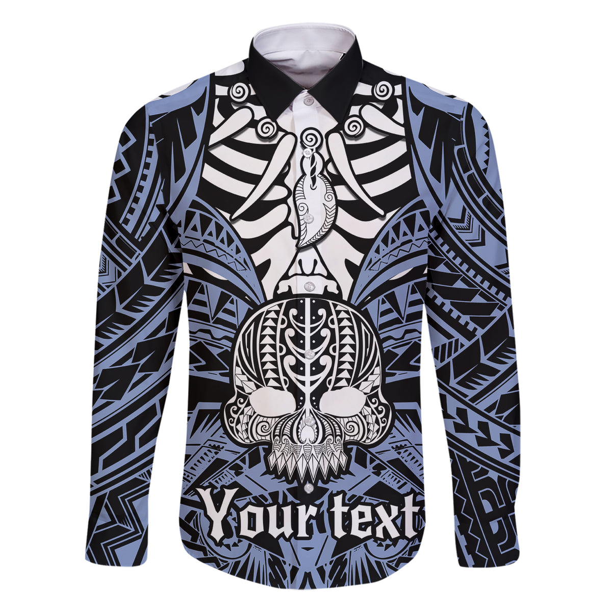 Personalised Polynesia Skull Family Matching Short Sleeve Bodycon Dress and Hawaiian Shirt With Boars Tusk Blue Arty Vibe LT9 Dad's Shirt - Long Sleeve Blue - Polynesian Pride