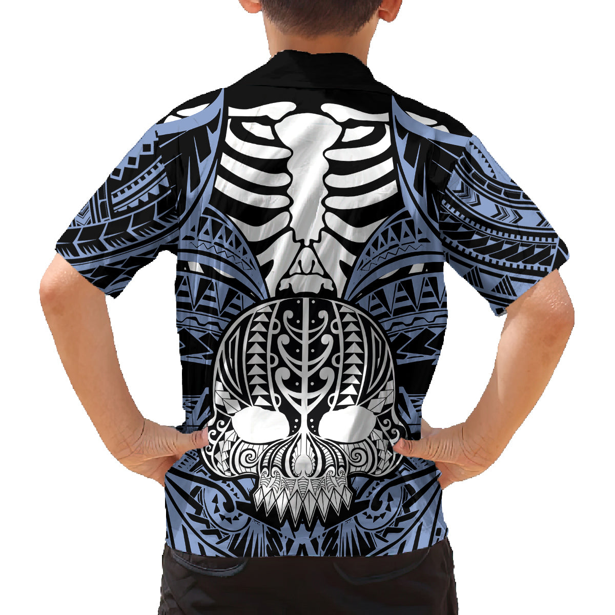 Personalised Polynesia Skull Family Matching Tank Maxi Dress and Hawaiian Shirt With Boars Tusk Blue Arty Vibe LT9 - Polynesian Pride
