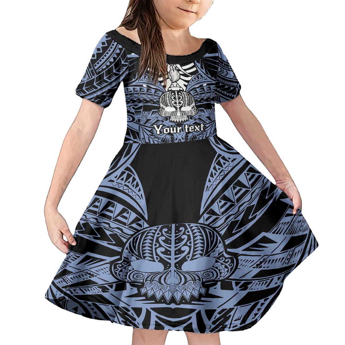 Personalised Polynesia Skull Family Matching Tank Maxi Dress and Hawaiian Shirt With Boars Tusk Blue Arty Vibe LT9 Daughter's Dress Blue - Polynesian Pride