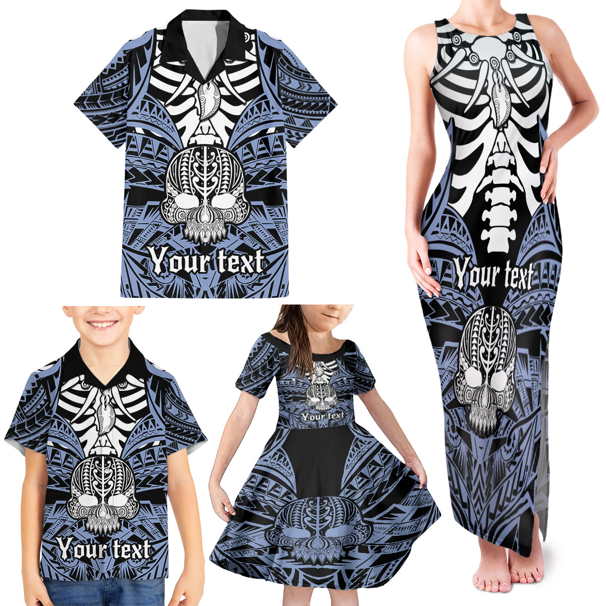 Personalised Polynesia Skull Family Matching Tank Maxi Dress and Hawaiian Shirt With Boars Tusk Blue Arty Vibe LT9 - Polynesian Pride