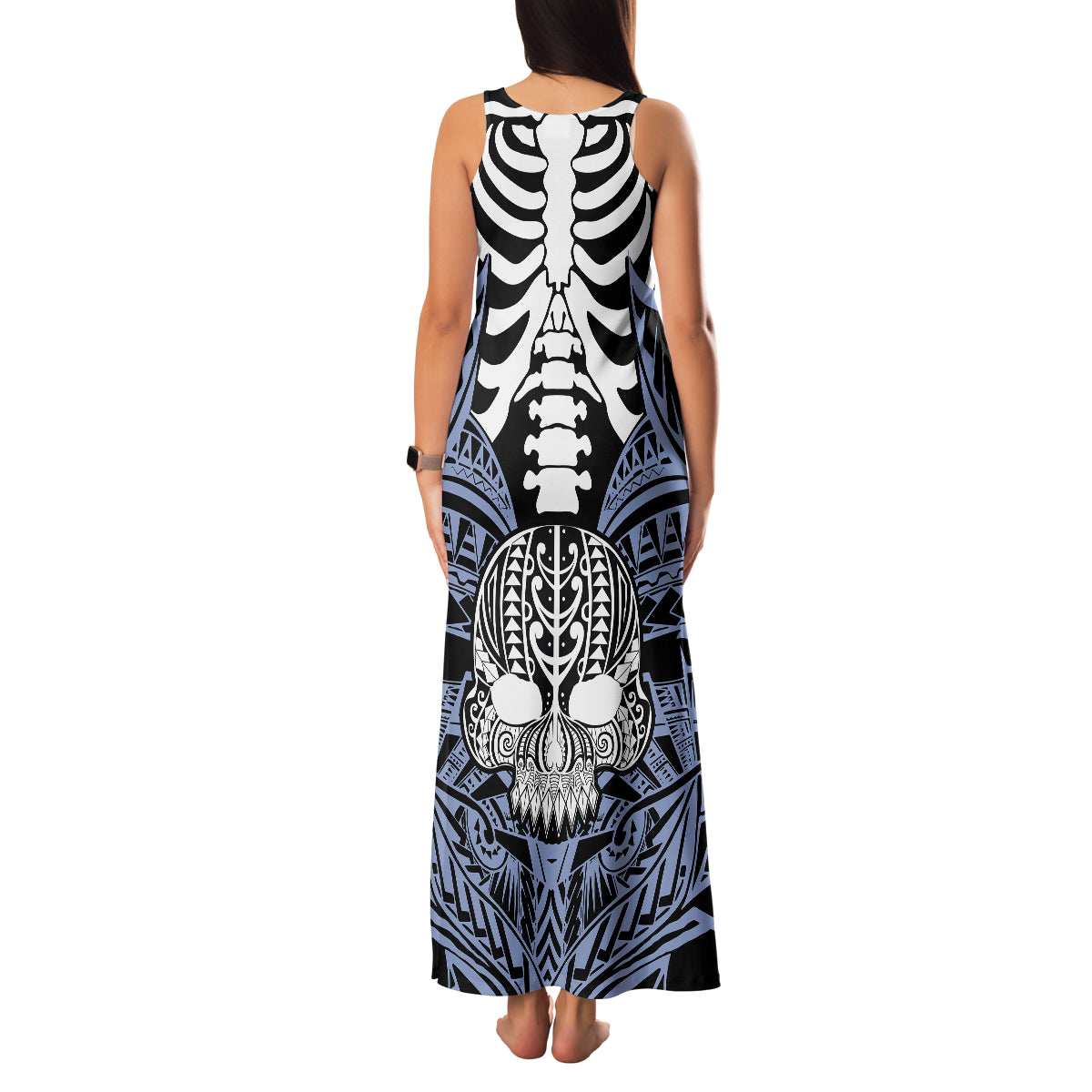 Personalised Polynesia Skull Family Matching Tank Maxi Dress and Hawaiian Shirt With Boars Tusk Blue Arty Vibe LT9 - Polynesian Pride