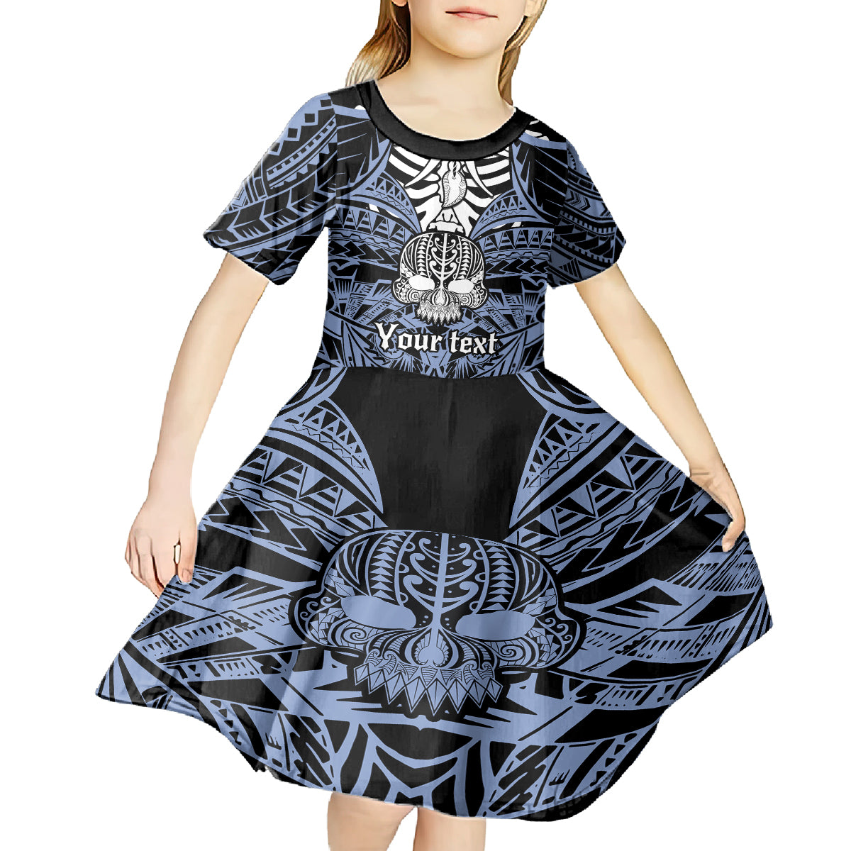 personalised-polynesia-skull-kid-short-sleeve-dress-with-boars-tusk-blue-arty-vibe
