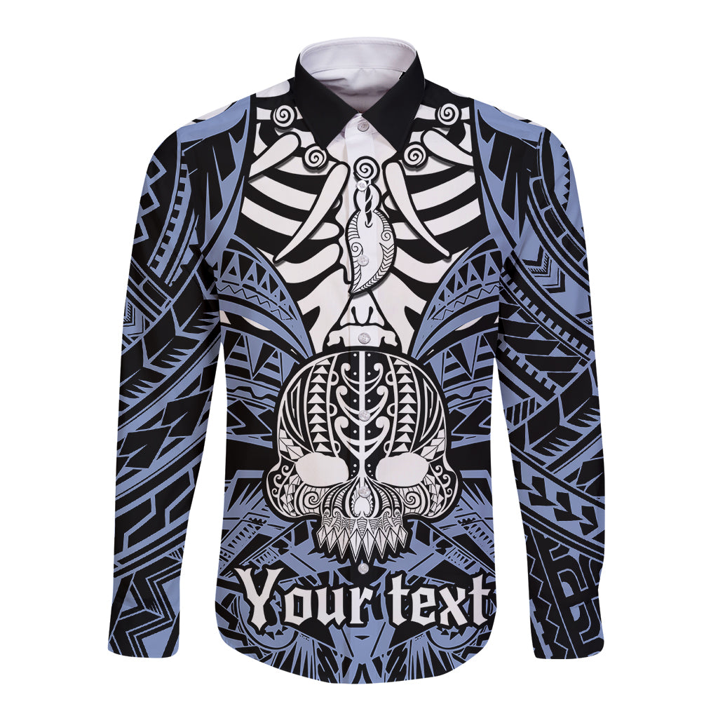 personalised-polynesia-skull-long-sleeve-button-shirt-with-boars-tusk-blue-arty-vibe