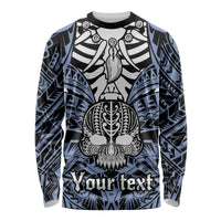 Personalised Polynesia Skull Long Sleeve Shirt With Boars Tusk Blue Arty Vibe LT9 Unisex Blue - Polynesian Pride