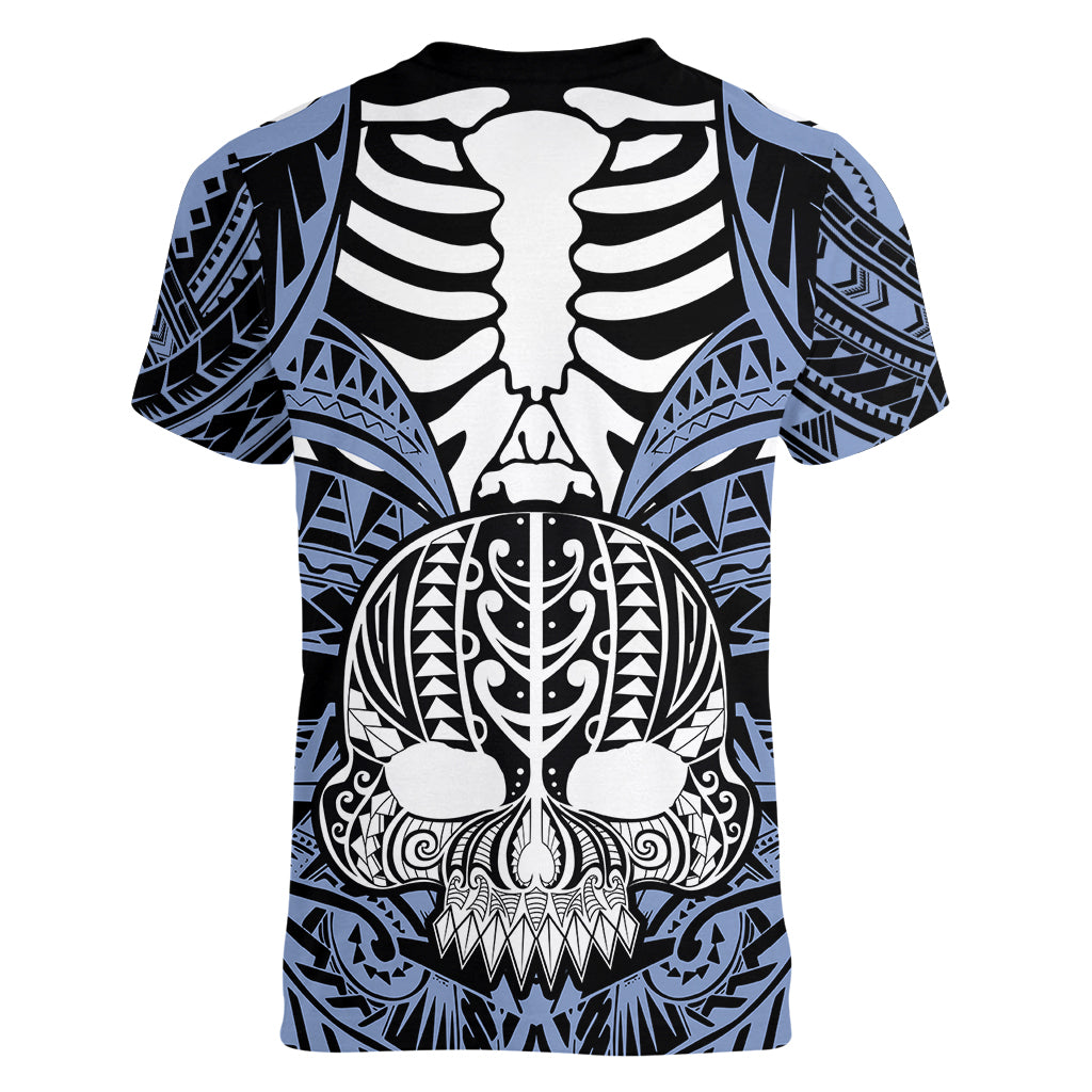 personalised-polynesia-skull-women-v-neck-t-shirt-with-boars-tusk-blue-arty-vibe