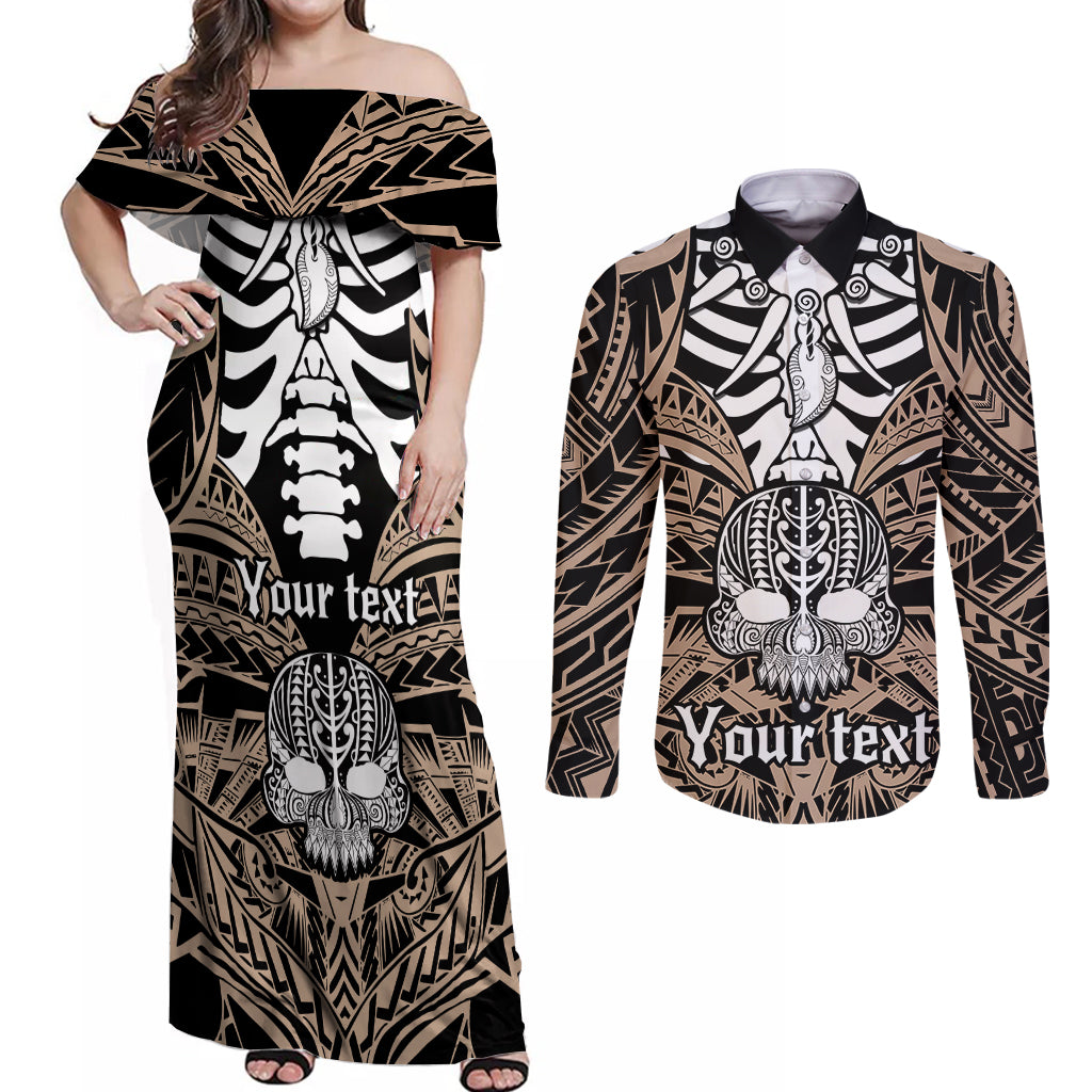 Personalised Polynesia Skull Couples Matching Off Shoulder Maxi Dress and Long Sleeve Button Shirts With Boars Tusk Gold Arty Vibe LT9 Gold - Polynesian Pride