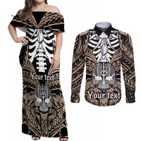 Personalised Polynesia Skull Couples Matching Off Shoulder Maxi Dress and Long Sleeve Button Shirts With Boars Tusk Gold Arty Vibe LT9 Gold - Polynesian Pride