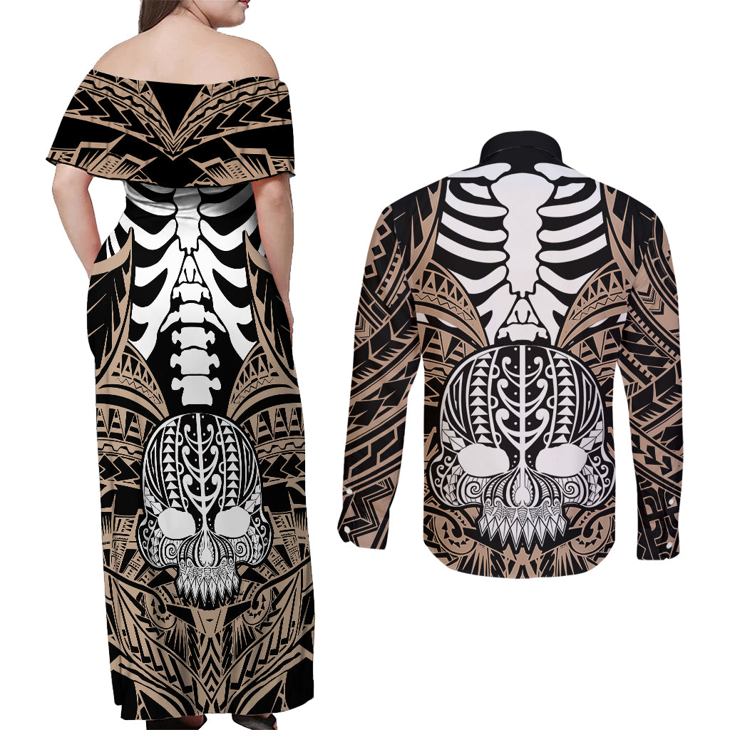 Personalised Polynesia Skull Couples Matching Off Shoulder Maxi Dress and Long Sleeve Button Shirts With Boars Tusk Gold Arty Vibe LT9 - Polynesian Pride