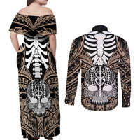 Personalised Polynesia Skull Couples Matching Off Shoulder Maxi Dress and Long Sleeve Button Shirts With Boars Tusk Gold Arty Vibe LT9 - Polynesian Pride