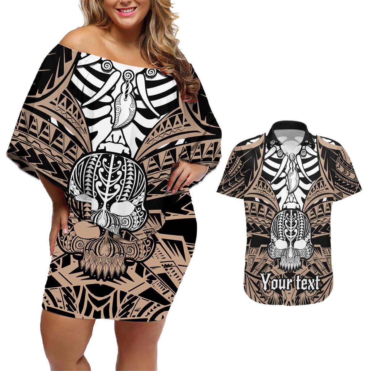 Personalised Polynesia Skull Couples Matching Off Shoulder Short Dress and Hawaiian Shirt With Boars Tusk Gold Arty Vibe LT9 Gold - Polynesian Pride