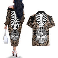 personalised-polynesia-skull-couples-matching-off-the-shoulder-long-sleeve-dress-and-hawaiian-shirt-with-boars-tusk-gold-arty-vibe