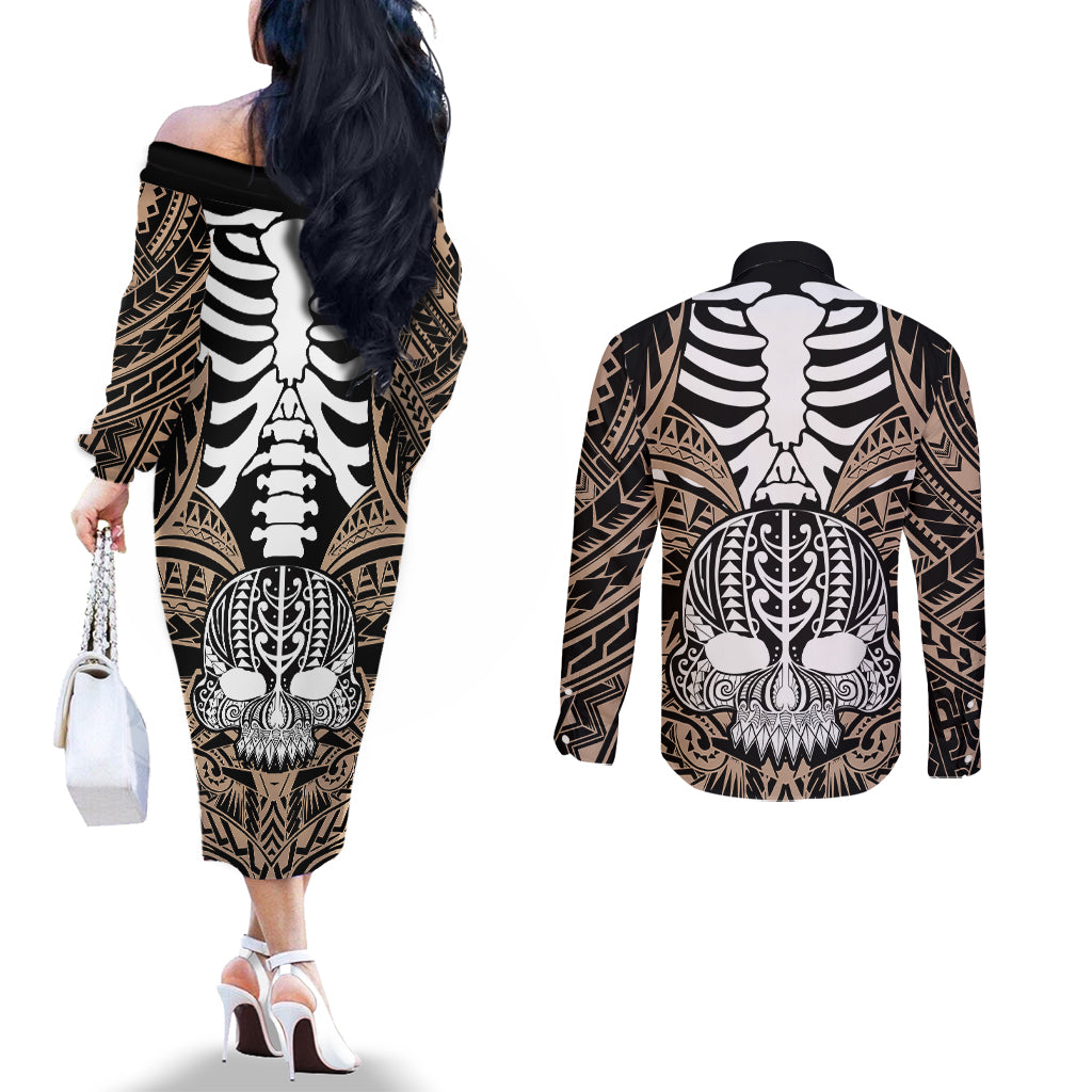 Personalised Polynesia Skull Couples Matching Off The Shoulder Long Sleeve Dress and Long Sleeve Button Shirts With Boars Tusk Gold Arty Vibe LT9 - Polynesian Pride