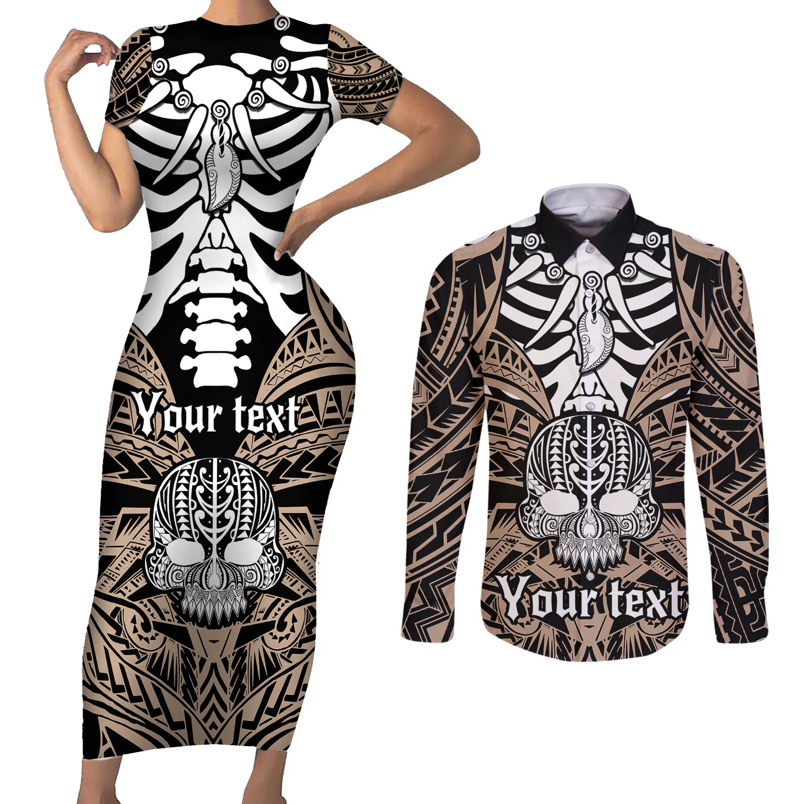personalised-polynesia-skull-couples-matching-short-sleeve-bodycon-dress-and-long-sleeve-button-shirts-with-boars-tusk-gold-arty-vibe