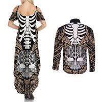personalised-polynesia-skull-couples-matching-summer-maxi-dress-and-long-sleeve-button-shirts-with-boars-tusk-gold-arty-vibe