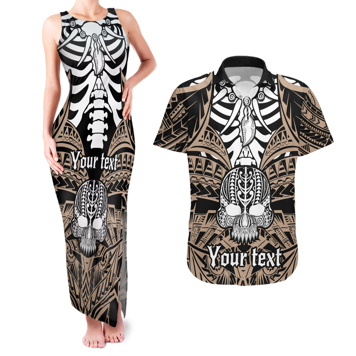 Personalised Polynesia Skull Couples Matching Tank Maxi Dress and Hawaiian Shirt With Boars Tusk Gold Arty Vibe LT9 Gold - Polynesian Pride