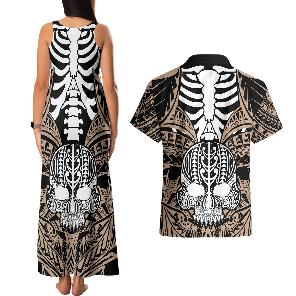 Personalised Polynesia Skull Couples Matching Tank Maxi Dress and Hawaiian Shirt With Boars Tusk Gold Arty Vibe LT9 - Polynesian Pride