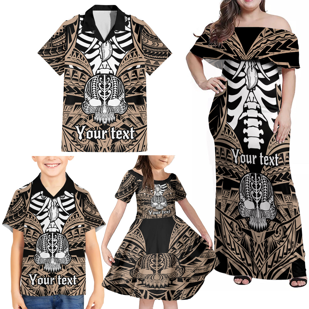 Personalised Polynesia Skull Family Matching Off Shoulder Maxi Dress and Hawaiian Shirt With Boars Tusk Gold Arty Vibe LT9 - Polynesian Pride