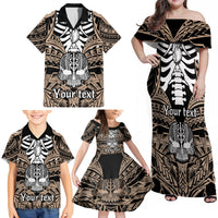 Personalised Polynesia Skull Family Matching Off Shoulder Maxi Dress and Hawaiian Shirt With Boars Tusk Gold Arty Vibe LT9 - Polynesian Pride