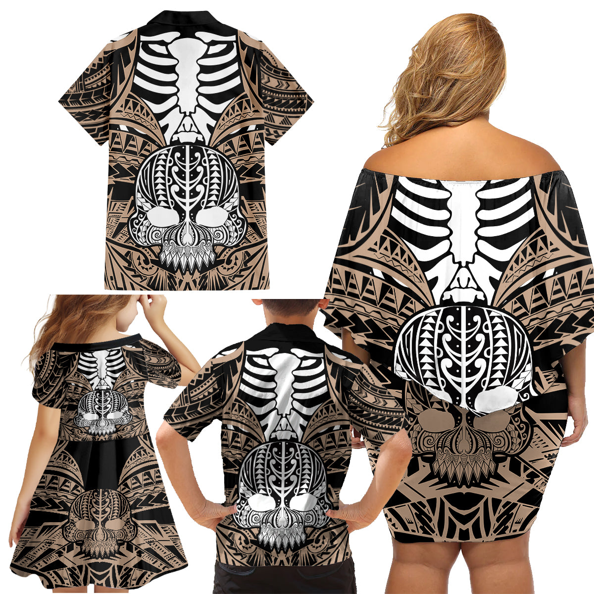 Personalised Polynesia Skull Family Matching Off Shoulder Short Dress and Hawaiian Shirt With Boars Tusk Gold Arty Vibe LT9 - Polynesian Pride