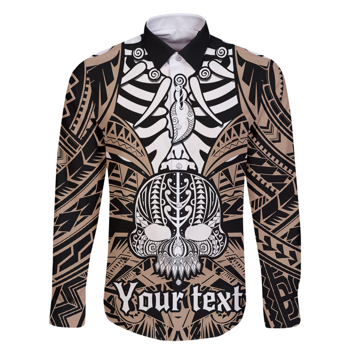 Personalised Polynesia Skull Family Matching Off Shoulder Short Dress and Hawaiian Shirt With Boars Tusk Gold Arty Vibe LT9 Dad's Shirt - Long Sleeve Gold - Polynesian Pride