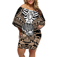 Personalised Polynesia Skull Family Matching Off Shoulder Short Dress and Hawaiian Shirt With Boars Tusk Gold Arty Vibe LT9 Mom's Dress Gold - Polynesian Pride