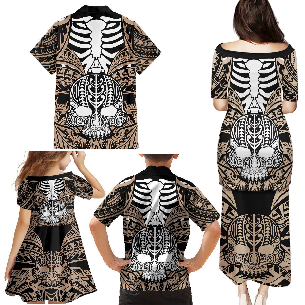 Personalised Polynesia Skull Family Matching Puletasi Dress and Hawaiian Shirt With Boars Tusk Gold Arty Vibe LT9 - Polynesian Pride