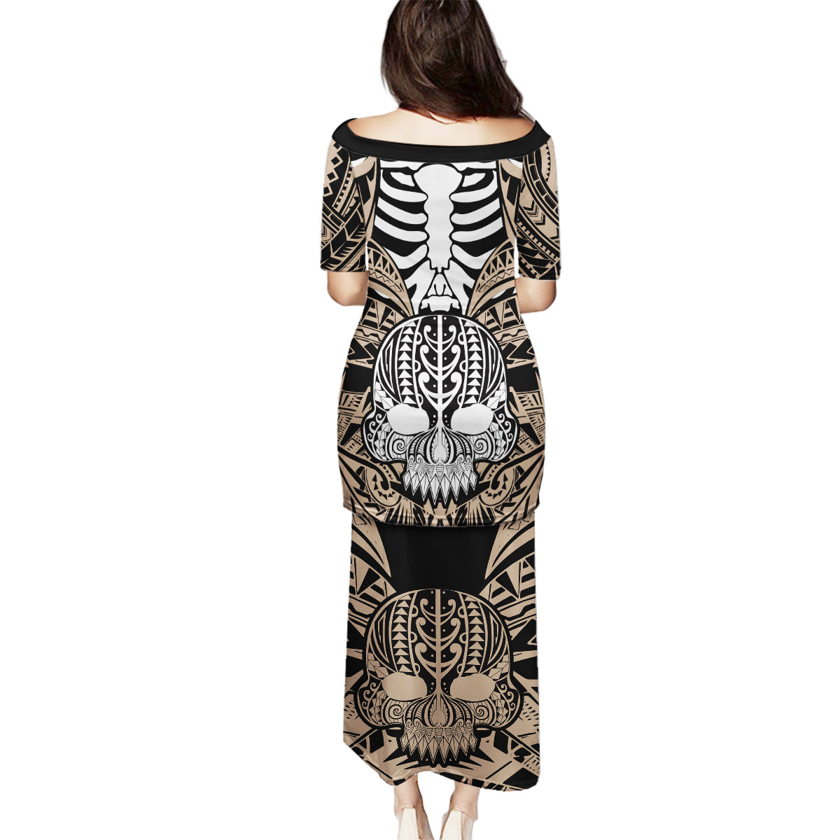 Personalised Polynesia Skull Family Matching Puletasi Dress and Hawaiian Shirt With Boars Tusk Gold Arty Vibe LT9 - Polynesian Pride