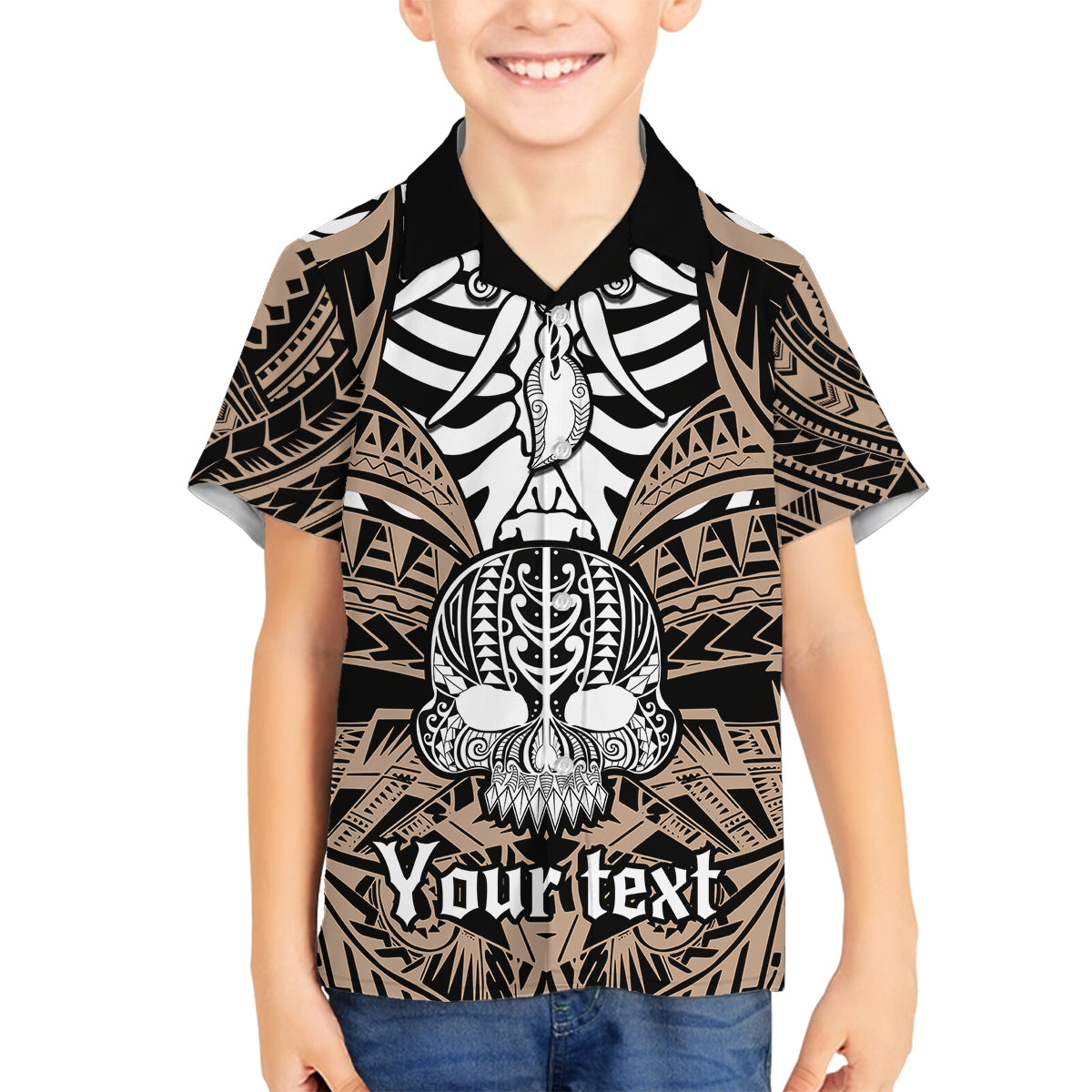 Personalised Polynesia Skull Family Matching Puletasi Dress and Hawaiian Shirt With Boars Tusk Gold Arty Vibe LT9 Son's Shirt Gold - Polynesian Pride