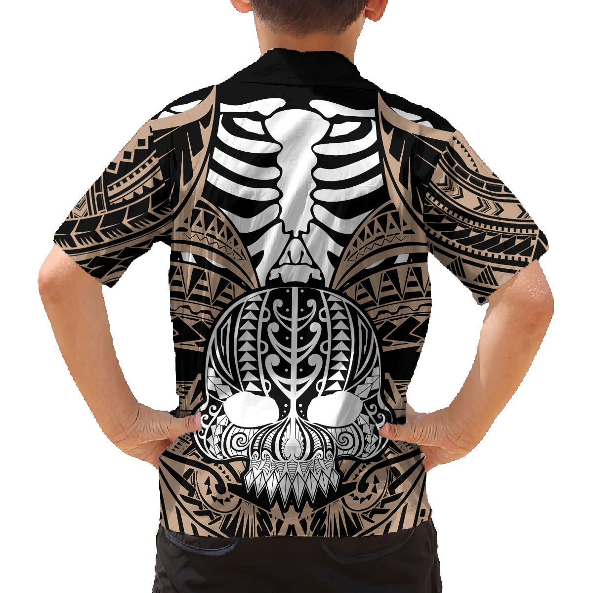 Personalised Polynesia Skull Family Matching Tank Maxi Dress and Hawaiian Shirt With Boars Tusk Gold Arty Vibe LT9 - Polynesian Pride
