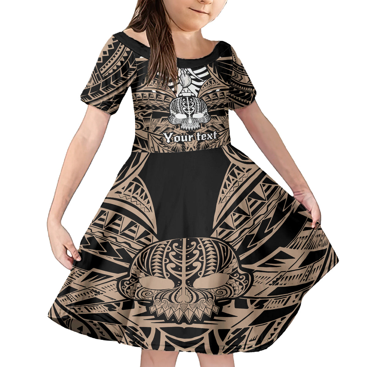 Personalised Polynesia Skull Family Matching Tank Maxi Dress and Hawaiian Shirt With Boars Tusk Gold Arty Vibe LT9 Daughter's Dress Gold - Polynesian Pride