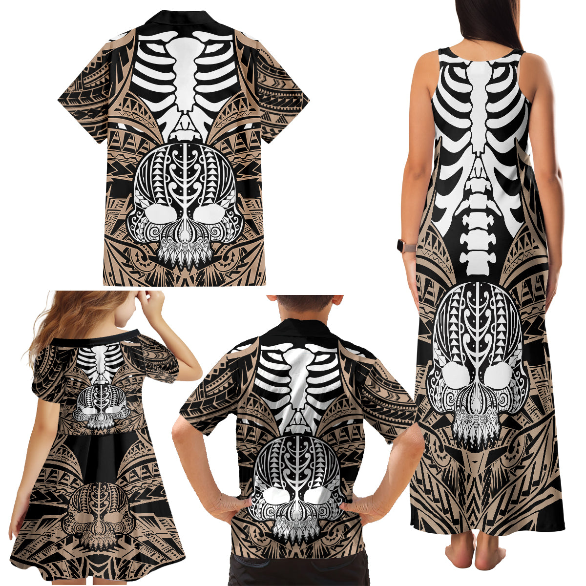 Personalised Polynesia Skull Family Matching Tank Maxi Dress and Hawaiian Shirt With Boars Tusk Gold Arty Vibe LT9 - Polynesian Pride
