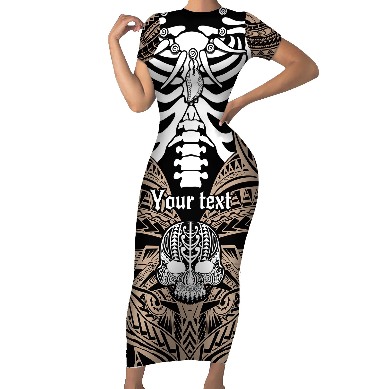 personalised-polynesia-skull-short-sleeve-bodycon-dress-with-boars-tusk-gold-arty-vibe