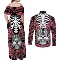 personalised-polynesia-skull-couples-matching-off-shoulder-maxi-dress-and-long-sleeve-button-shirts-with-boars-tusk-pink-arty-vibe