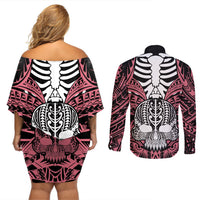 personalised-polynesia-skull-couples-matching-off-shoulder-short-dress-and-long-sleeve-button-shirts-with-boars-tusk-pink-arty-vibe