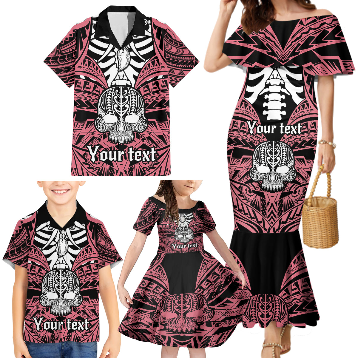 Personalised Polynesia Skull Family Matching Mermaid Dress and Hawaiian Shirt With Boars Tusk Pink Arty Vibe LT9 - Polynesian Pride
