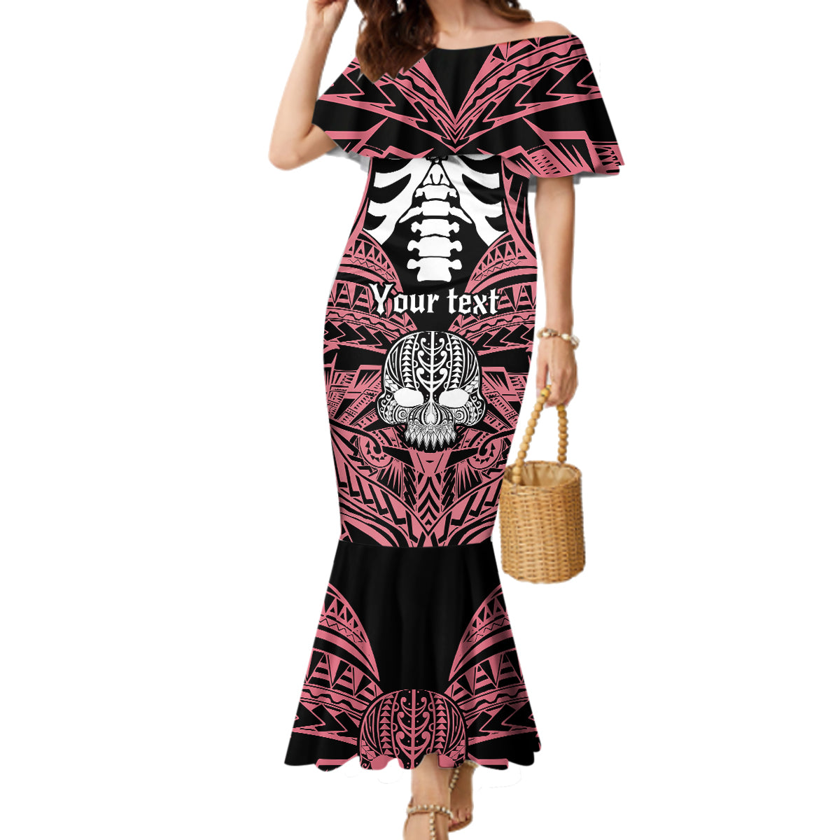 Personalised Polynesia Skull Family Matching Mermaid Dress and Hawaiian Shirt With Boars Tusk Pink Arty Vibe LT9 Mom's Dress Pink - Polynesian Pride