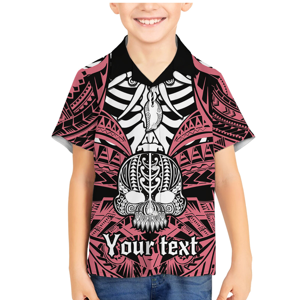 Personalised Polynesia Skull Family Matching Mermaid Dress and Hawaiian Shirt With Boars Tusk Pink Arty Vibe LT9 Son's Shirt Pink - Polynesian Pride