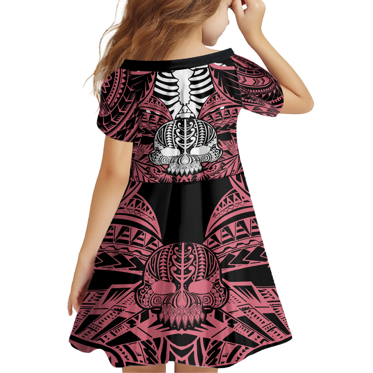 Personalised Polynesia Skull Family Matching Off Shoulder Maxi Dress and Hawaiian Shirt With Boars Tusk Pink Arty Vibe LT9 - Polynesian Pride