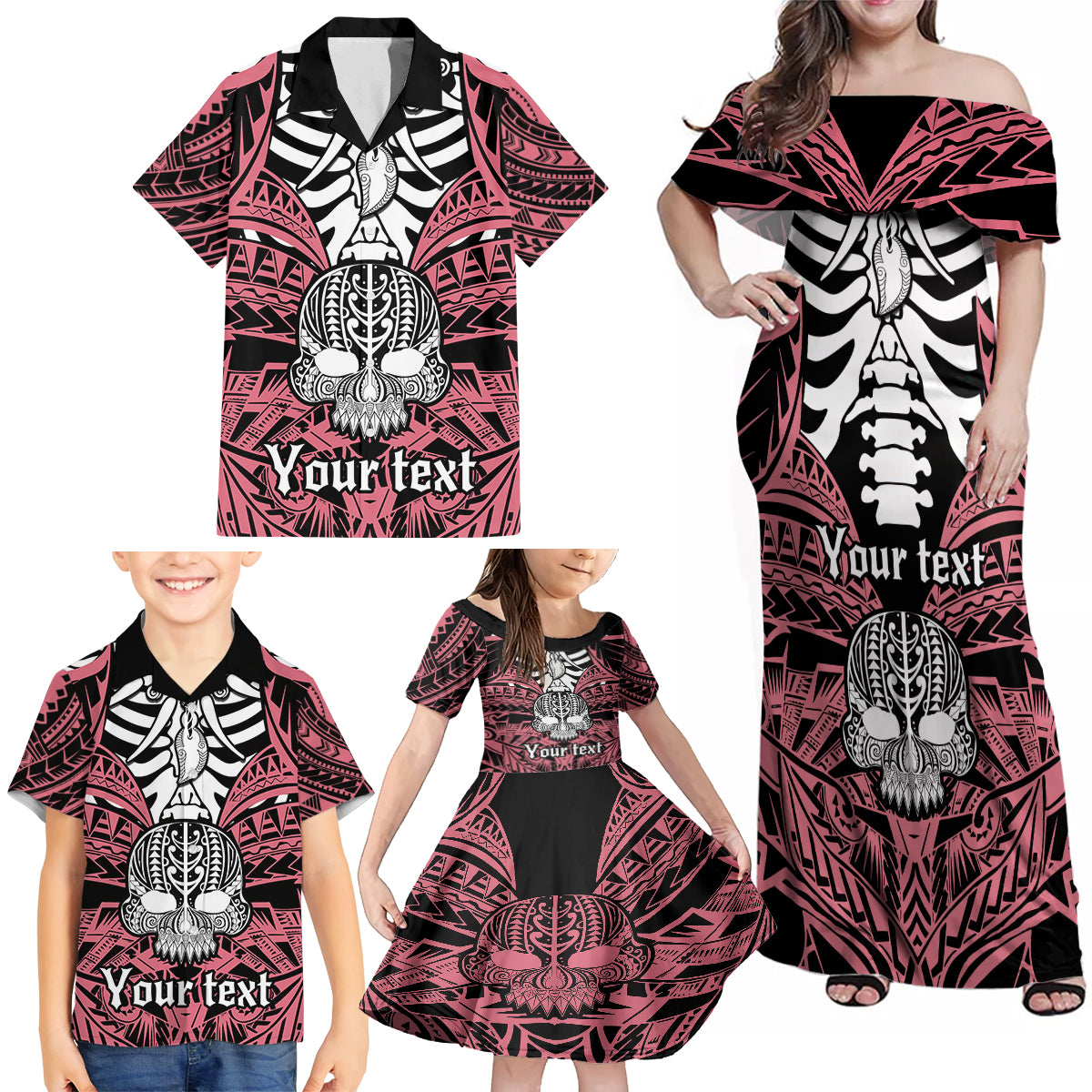Personalised Polynesia Skull Family Matching Off Shoulder Maxi Dress and Hawaiian Shirt With Boars Tusk Pink Arty Vibe LT9 - Polynesian Pride