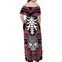 Personalised Polynesia Skull Family Matching Off Shoulder Maxi Dress and Hawaiian Shirt With Boars Tusk Pink Arty Vibe LT9 - Polynesian Pride