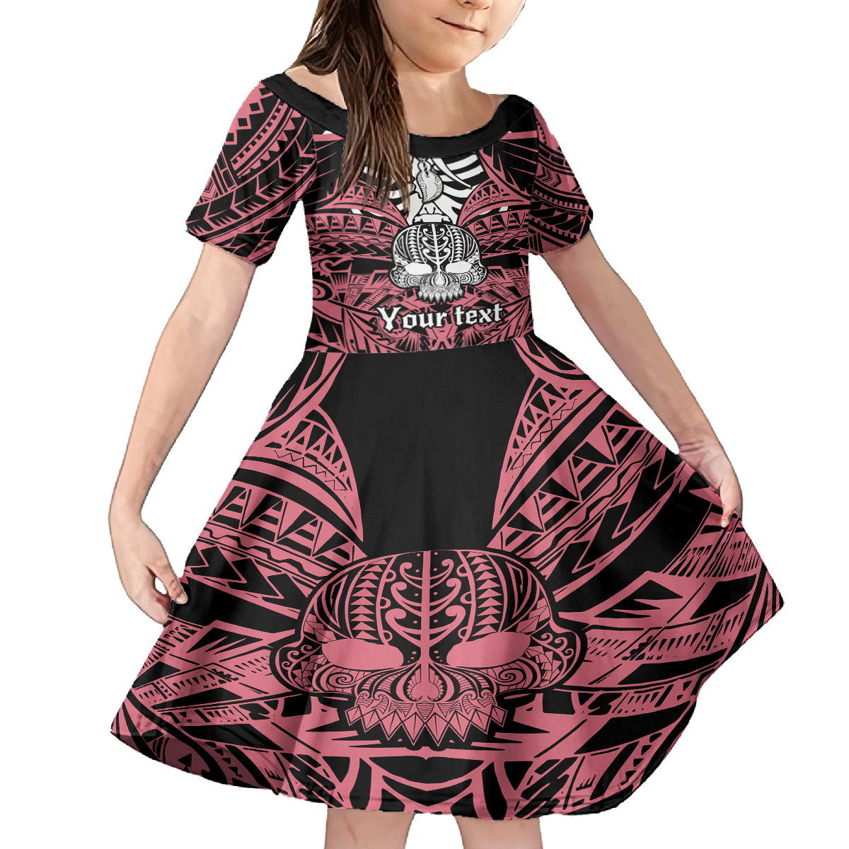 Personalised Polynesia Skull Family Matching Off Shoulder Short Dress and Hawaiian Shirt With Boars Tusk Pink Arty Vibe LT9 Daughter's Dress Pink - Polynesian Pride