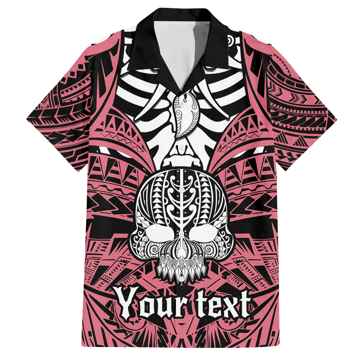 Personalised Polynesia Skull Family Matching Off Shoulder Short Dress and Hawaiian Shirt With Boars Tusk Pink Arty Vibe LT9 Dad's Shirt - Short Sleeve Pink - Polynesian Pride