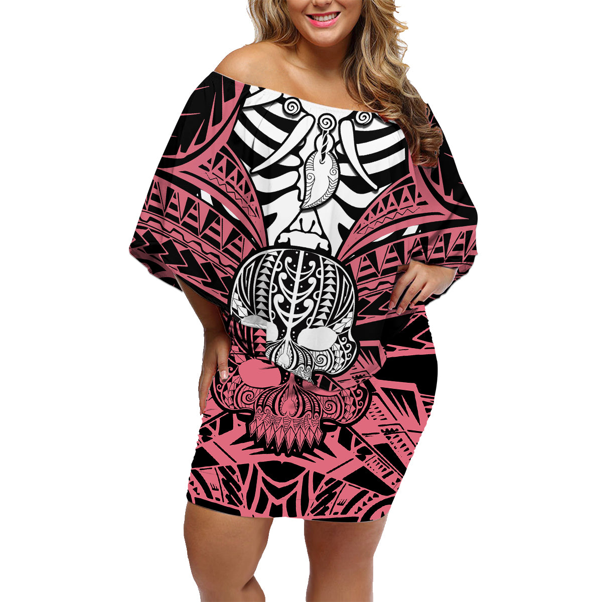 Personalised Polynesia Skull Family Matching Off Shoulder Short Dress and Hawaiian Shirt With Boars Tusk Pink Arty Vibe LT9 Mom's Dress Pink - Polynesian Pride