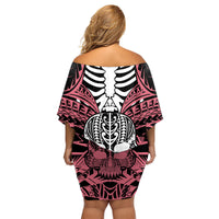 Personalised Polynesia Skull Family Matching Off Shoulder Short Dress and Hawaiian Shirt With Boars Tusk Pink Arty Vibe LT9 - Polynesian Pride