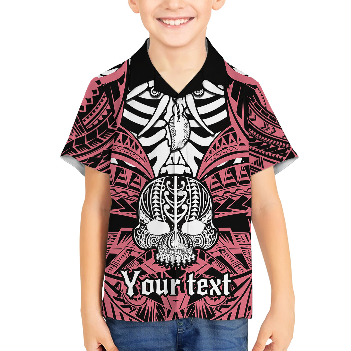 Personalised Polynesia Skull Family Matching Off Shoulder Short Dress and Hawaiian Shirt With Boars Tusk Pink Arty Vibe LT9 Son's Shirt Pink - Polynesian Pride